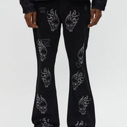 Skulls Jeweled Distressed Stacked Flare Pants