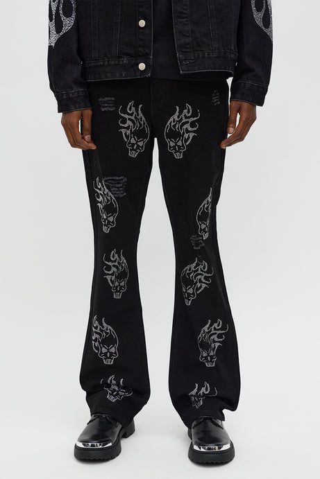 Skulls Jeweled Distressed Stacked Flare Pants