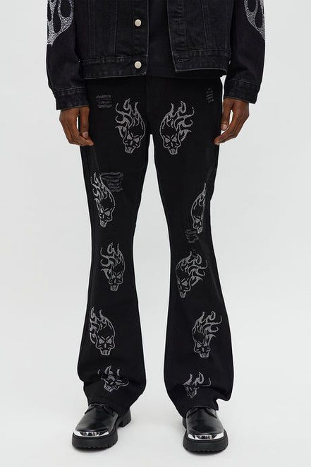 Skulls Jeweled Distressed Stacked Flare Pants