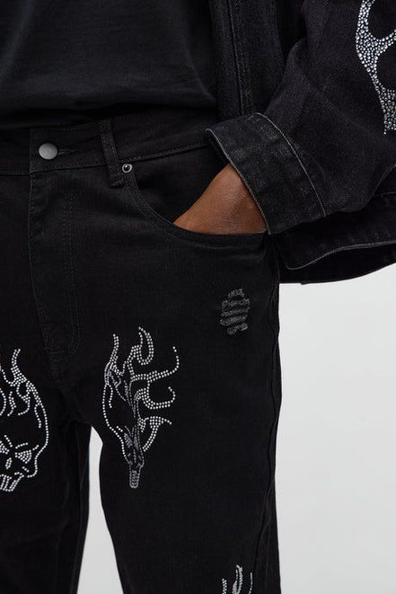 Skulls Jeweled Distressed Stacked Flare Pants