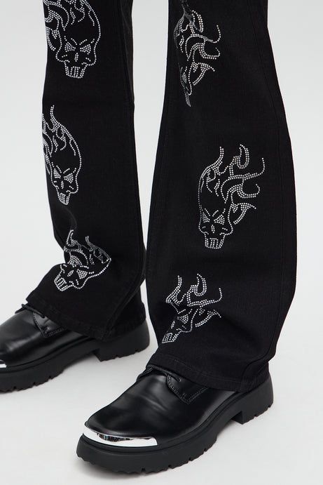 Skulls Jeweled Distressed Stacked Flare Pants