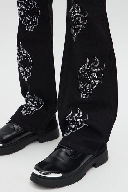 Skulls Jeweled Distressed Stacked Flare Pants