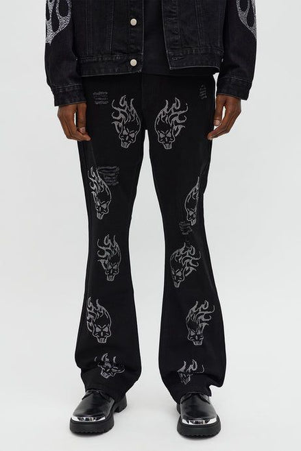 Skulls Jeweled Distressed Stacked Flare Pants