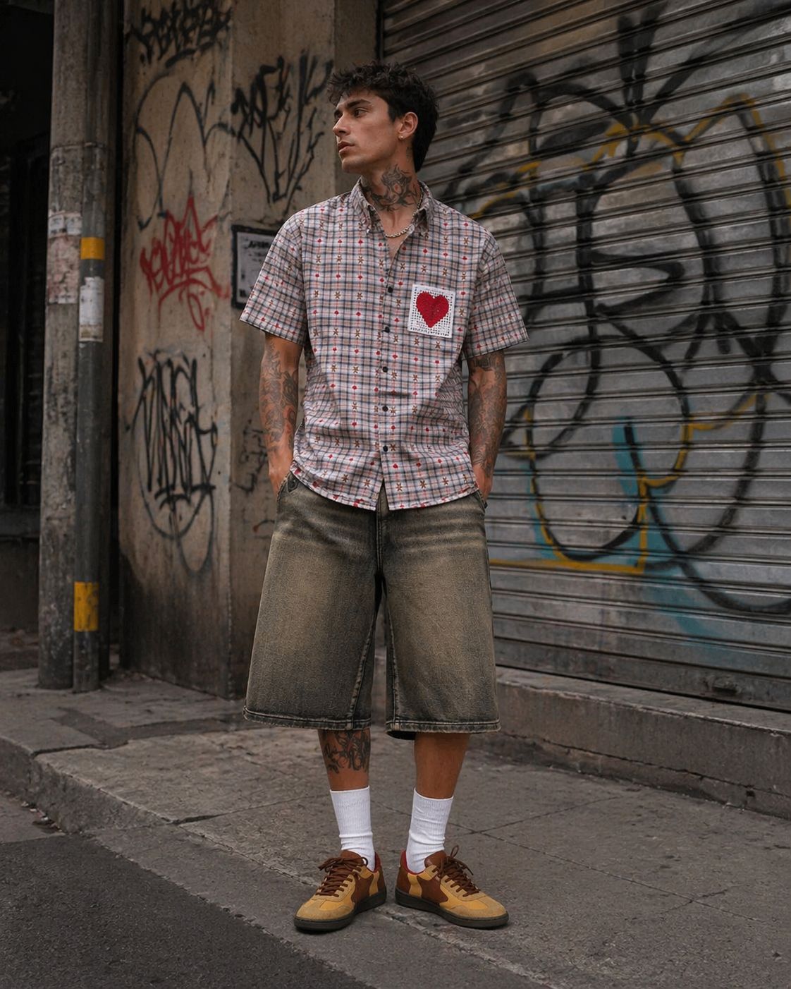 Aelfric Eden CROCHET HEART POCKET PLAID SHIRT