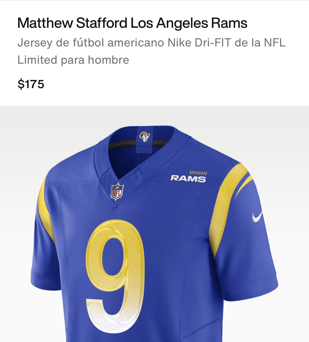 Nike NFL Matthew Stafford Los Angeles Rams Boxy Fit Jersey